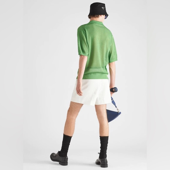 Prada Mesh Knit Polo Shirt Mens Collared Green Sheer Cutout - Picture 5 of 14